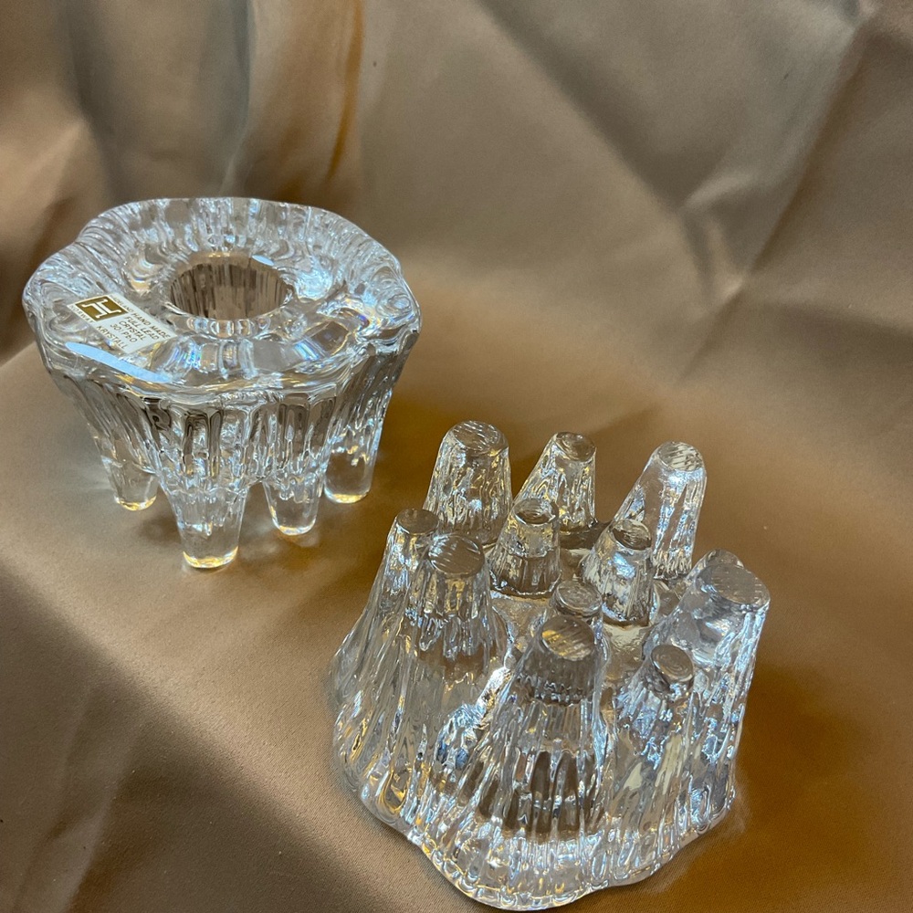 Pair Hadeland Norway Crystal Art Glass Icicle Taper Candle Holders w/ Original